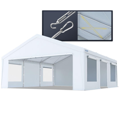 Quictent 20x20 ft Heavy Duty 2 Car Carport, Waterproof Storage Shelter with Zipper Side Doors, Snowproof Steel Cables & Ventilated Windows, Outdoor Garage for Car, White
