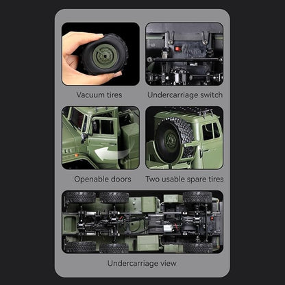 WPL B36-3 1/16 RC Military Trailer with LED Headlights 2.4G Full-Proportional 4WD RC Off-Road Truck Gifts for Electric Car Model Enthusiasts (Two Batteries)