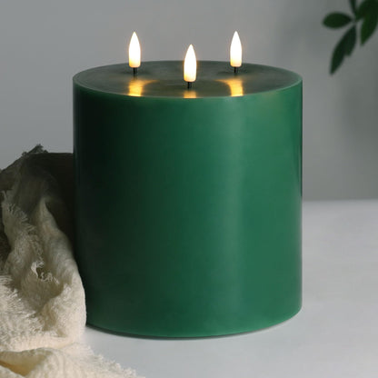 Eywamage Green 3 Wick Flameless Pillar Candle Φ 6" H 6", Giant Real Wax Flickering LED Candle with Remote
