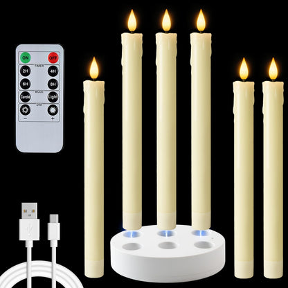 Homemory Rechargeable Waxy Flameless Taper Candles, 9.6 Inches LED Candle Sticks Flickering, Window Candles with Remote Timer Dimmer for Christmas Wedding Home Decor, Ivory, 6 Pcs