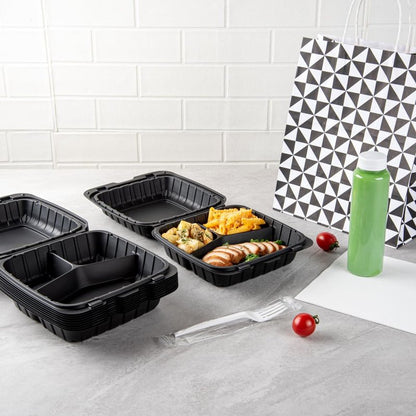 Restaurantware Thermo Tek 8 x 8 x 3 Inch Mineral-Filled Take Out Containers 100 Durable To Go Containers - Heavy-Duty Disposable Black Plastic Clamshell Containers Suitable For Hot & Cold Foods