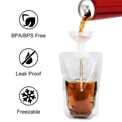 Keon Plastic Pouches - Leak-Proof, Reusable, Flexible Juice Bags, BPA-Free for Travel, Outdoor Sports, Concerts, Events (8OZ - 10PCS + 2 Funnels)