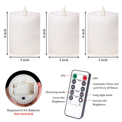 "3"x4" Flickering Flameless Candles with Remote Timer- Set of 3 Real Wax White Pillar LED Candles for Indoor/Outdoor Fireplace & Home Decor, Battery Operated with 600+ Hours Flickering (3" Diameter)