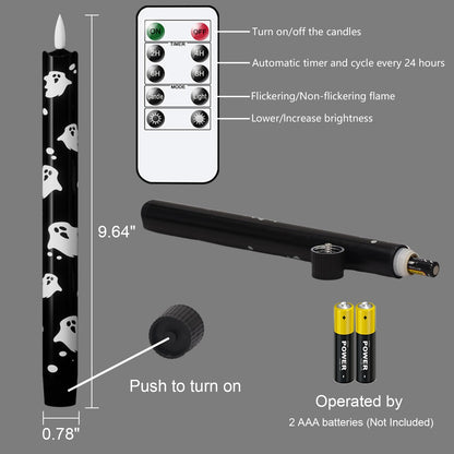 Wondise Black Halloween Flameless Taper Candles with Remote & Timer, Halloween Battery Operated Ghost Candles Waxy with 3D Wick Flickering for Halloween Decorations
