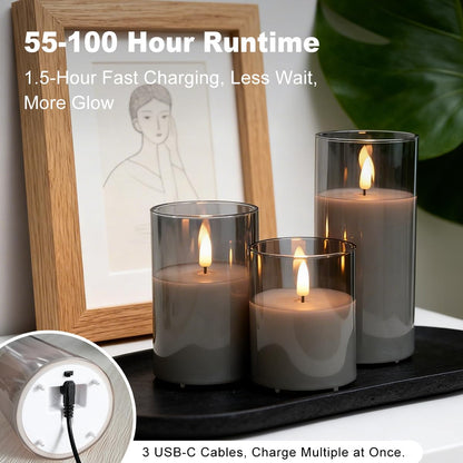 NICE POINT Rechargeable Flameless Candles, Flickering LED Flame Pillar Glass Fake Candles with Remote and Timer,Real Wax Flameless Candles for Living Room, Bedroom & Holiday Décor(Gray)