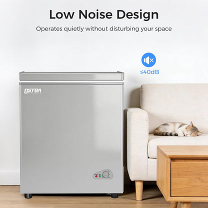 OSTBA 5.3 Cu.Ft Chest Freezer, Large Capacity Deep Freezer with 2 Removable Baskets, Bottom Wheels, 6-Level Temperature Control with Fast Freeze Mode, Energy Saving Quiet Freezer, Silver