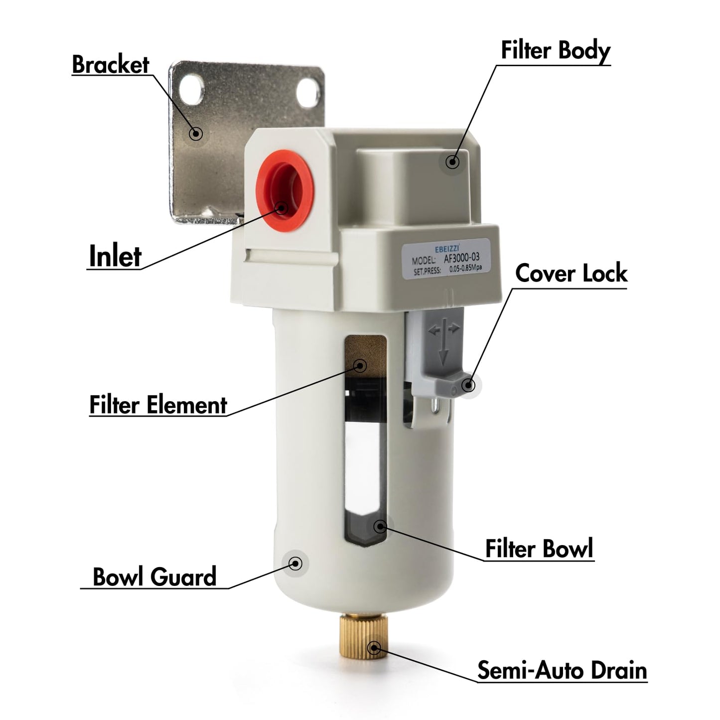 EBEIZZI 3/8" NPT Air Dryer for Compressor | Compressed Air Line Filter | 5 Micron Brass Element|Bracket, Poly Bowl, 145 psI