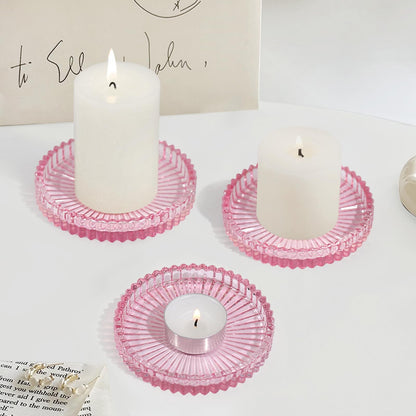 CHOCSTAY Glass Pillar Candle Holder, 4" Pink Candle Plates Set of 6, Glass Candle Holders for Wedding, Party, Holiday, Home Decor, Table Centerpiece