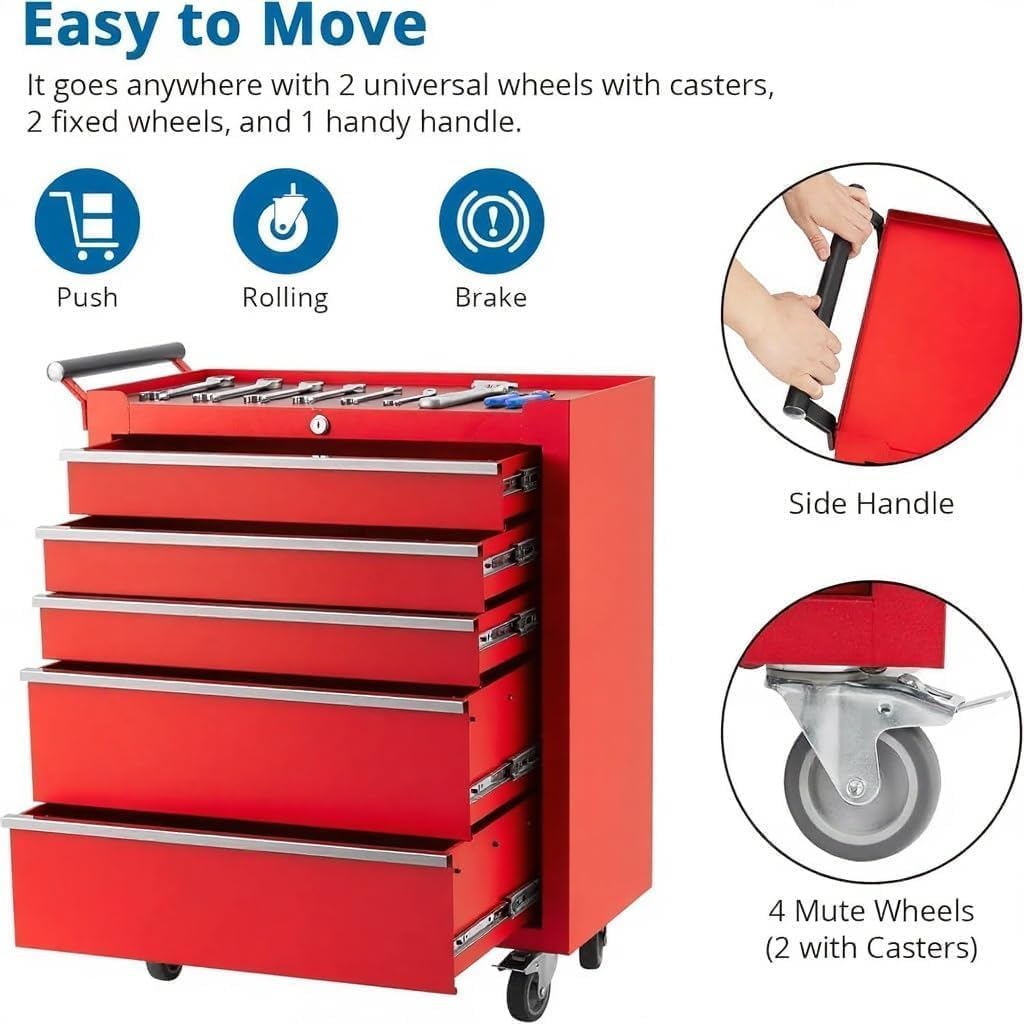 ExploreHorizon 5-Drawer Tool Chest Cabinet with Wheels, Rolling Metal Tool Cart with Sliding Drawers and Protective Liner,Keyed Locking System for Garage,Workshop,Repair Shop,Red