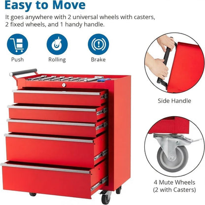 ExploreHorizon 5-Drawer Tool Chest Cabinet with Wheels, Rolling Metal Tool Cart with Sliding Drawers and Protective Liner,Keyed Locking System for Garage,Workshop,Repair Shop,Red