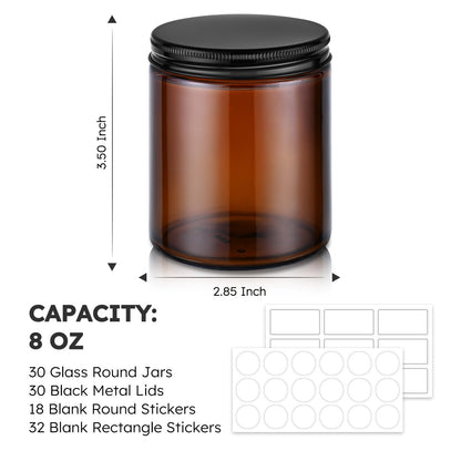 Tecohouse 8oz Glass Jars with Lids, 30 Pcs Amber Candle Jars for Making Candles with White Labels & Inner Liners, Empty Airtight Round Cosmetic Containers for Cream, Spice, Lotion, Ointments, Liquid