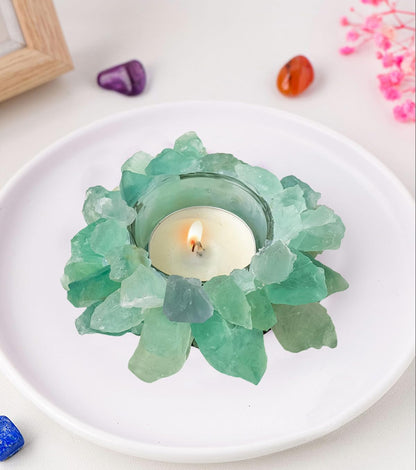 Natural Green Fluorite Crystals, Raw Crystal Tealight Candle Holder Crystal Stone Candle Stand High Energy Geode Votive with Healing Effects (Not Included Candle)