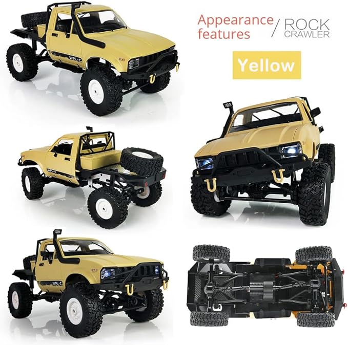 RC Truck 1/16 RC Rock Crawler WPL C14 4x4 RC Semi Truck 2.4GHz Remote Control Car All Terrain Off Road RC Climbing Car with LED Lights and 2 Batteries for Adults (Yellow)