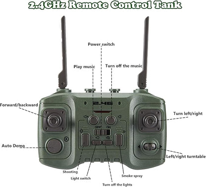 RC Tank That Shoots - 2.4Ghz Remote Control Army Tank with Smoke Lights Sounds 360° Rotating Turret Auto Demo 13 Channel Military Vehicles Model Gift for Boys 6-8