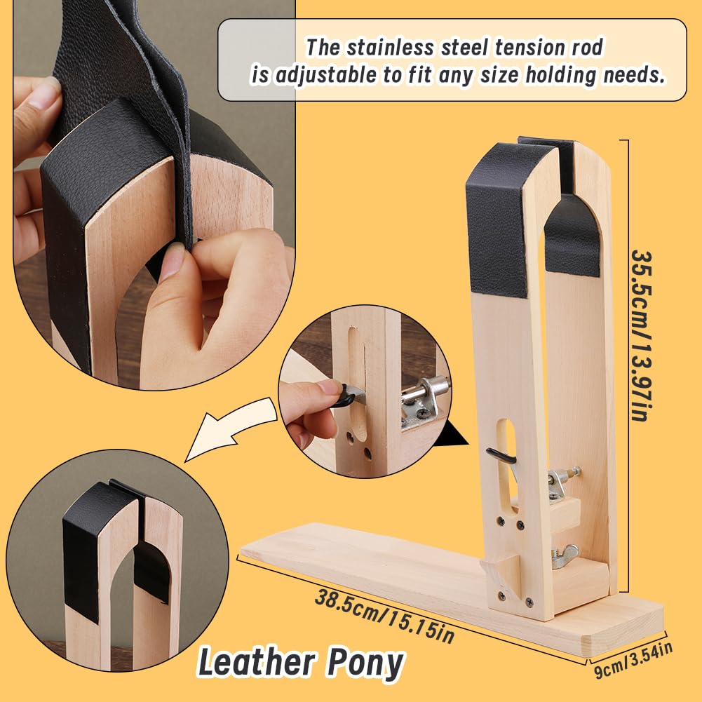 LUNARM Leather Stitching Pony - Leather Pony Clamp Table Desktop Pony Horse Clamp with Large Eye Sewing Needles Waxed Thread Sewing Thread Awls Nail Files for DIY Leather Hand Stitching