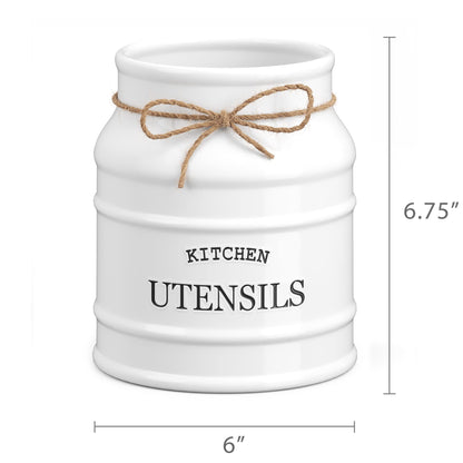 Barnyard Designs Ceramic Farmhouse Utensil Holder for Kitchen Counter, Large Rustic Utensil Crock, Countertop Cooking Tool Spatula Organizer, 6.75” (White)