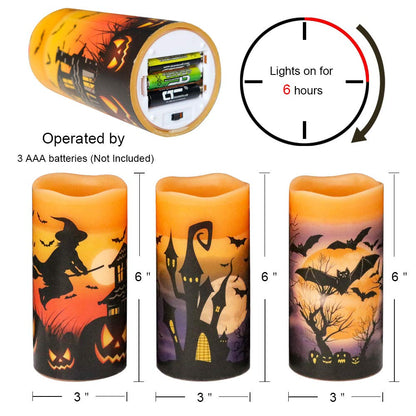 Wondise Halloween Flameless Flickering Candles with 6hrs Timer, Battery Operated Candles with Halloween Decals Real Wax LED Pillar Candles for Halloween Home Table Decor (3 x 6 Inches), Orange