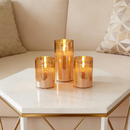NICE POINT Rechargeable Flameless LED Gold Glass Candles–Luminous Real Wax Indoor Home Decor–Set of 3, Realistic Flickering LED Flame,Remote & Timer,Ideal for Living Room, Bedroom & Festival Décor