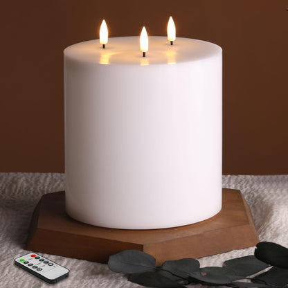 Eywamage White 3 Wick Flameless Pillar Candle Φ 6" H 6", Giant Real Wax Flickering LED Candle with Remote