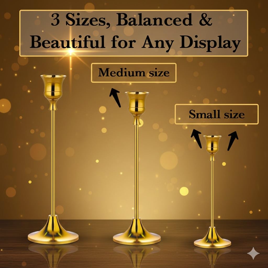 Gold Candlestick Holders Set of 6 – Decorative Taper Candle Holders for Home Decor, Weddings, Parties – Metal Candle Stands Brushed Finish – Easy Assembly – Fits Standard & LED Candles - Christmas