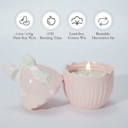 WDS WONDROUS 2-Pack Easter Bunny & Bow Ceramic Jar Candles, Egg Shaped Soy Wax Scented Candles with Daisy and Striped Design, Spring Home Decor Gift Set for Women, Pink Farmhouse Table Centerpiece