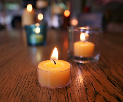 Bluecorn Beeswax Tea Light Candles, 100% Pure Natural Bees Wax, Yellow Tea Lights, Fragrance Free, Paraffin & Soy Free Candle Wax, Clean Burning, Long Lasting (4-5 Hrs), American Made, 24 Pack