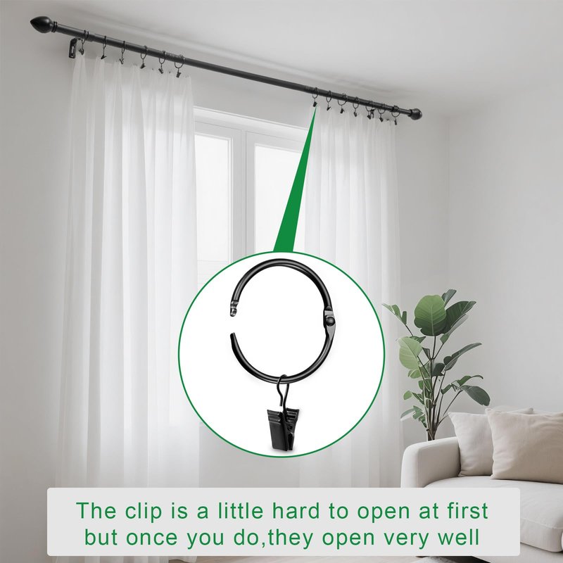 LLPJS Openable Curtain Rings with Clips, Open Drapery Rings with Hooks, Curtain Clips 1.26 inch Interior Diameter, Fit up to 1" Curtain Rod (Black, 1.26" I D Set of 36)