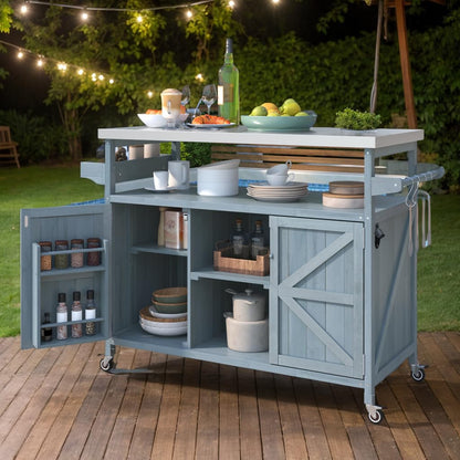 eodme Outdoor Cabinet for Patio Graden BBQ Grill Cart with Storage Cabinet, Home Rolling Kitchen Island Food Prep Table with Stainless Steel Top, Shelves, Spice Rack, Towel Rack(Grey Blue)