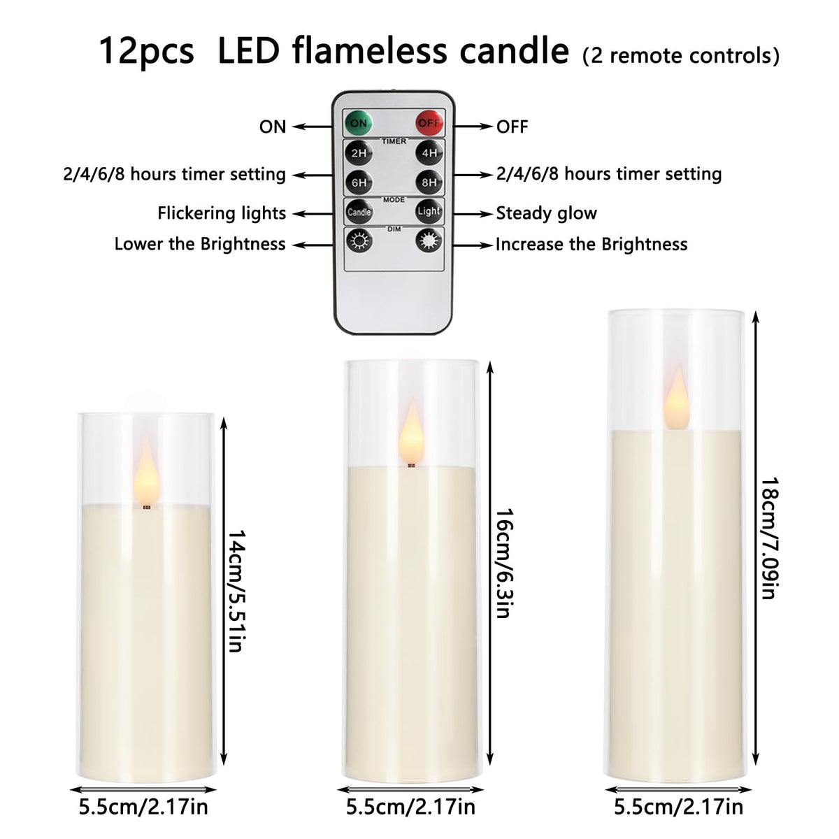 fclayvts 12 Packs of Acrylic LED Candles, Flickering Flameless Candles Battery Operated with Remote Dimmed and Timed, 3D Wick Candles for Home Decor,Wedding,Gift，Parties and Festivals. (3 Size Ivory)
