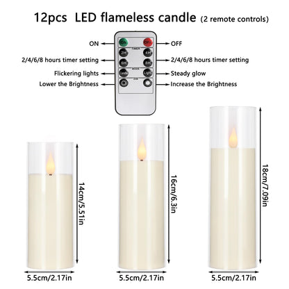 fclayvts 12 Packs of Acrylic LED Candles, Flickering Flameless Candles Battery Operated with Remote Dimmed and Timed, 3D Wick Candles for Home Decor,Wedding,Gift，Parties and Festivals. (3 Size Ivory)