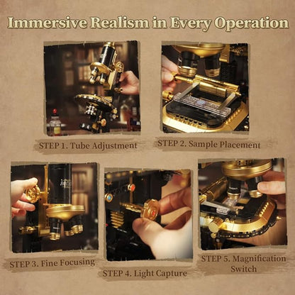PANTASY Retro Microscope Building Kit for Adults Antique Science Instrument Model with Mechanical Design Brass Finish &amp Lab Accessories Collectible Display Brick Set