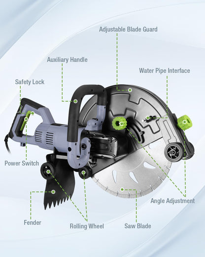 WORKPRO 16 Inch Wet Concrete Saw with Water Cutting Attachment, 1600W 3100RPM Electric Concrete Saw, Max Cutting Depth 6.69", Ideal for House, Foundation, Courtyard Renovation