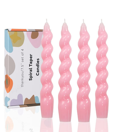 LPUSA Pink Spiral Taper Dinner Candles Conical Stick Candles Wax Unscented Dinner Candle Dripless for Home Decor, Relaxation Set of 4（7.6" Baby Pink）
