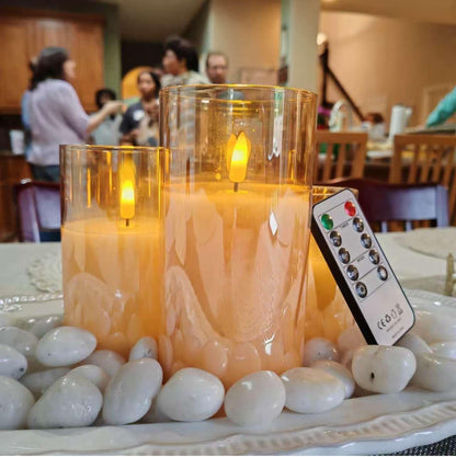 LinYang International Vanilla Scented Flameless LED Candles with Remote & Timer, Real Wax Flickering Pillar Candles in Glass,Battery Operated,for Home Decor,Spa,Gifts,Weddings,Holidays,Set of 3,Gold
