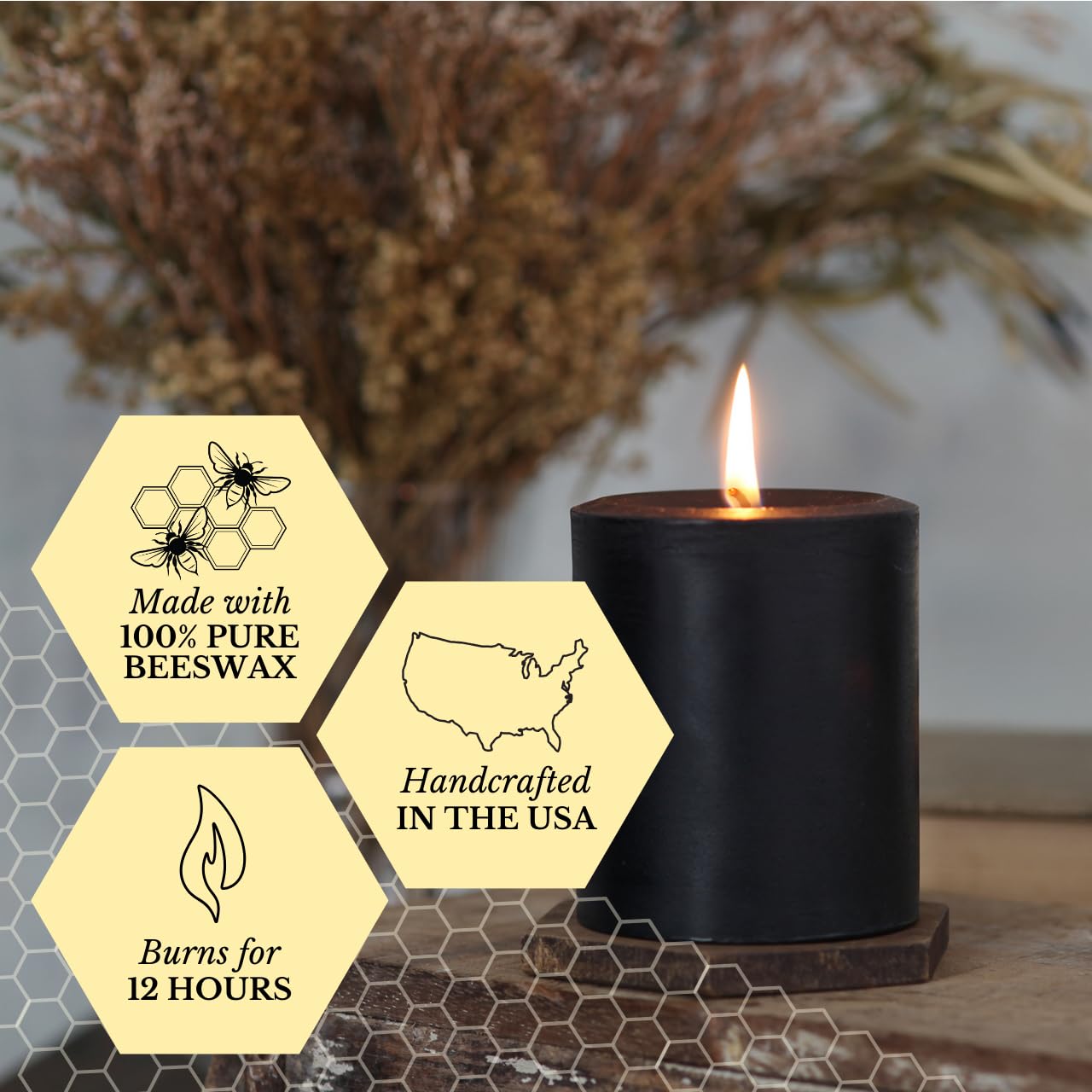 Big Dipper Wax Works Black Pillar Candle, 60-Hour Long Burn, Pure Beeswax Candle, 3" x 3.5”