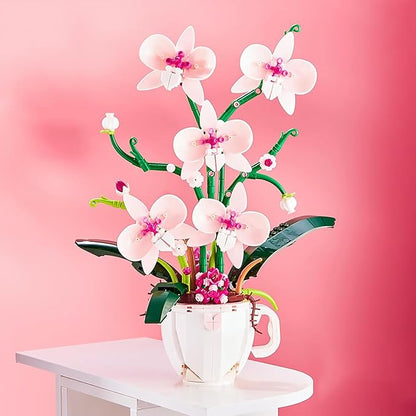 Pink Orchid Flower Building Set for Adults Coffee Cup Orchid Botanical Collection Plant Building Kit Home and Office Decor Gift for Christmas Day Valentines Birthday 567pcs