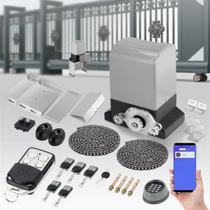 ASGO 3300Lbs Automatic Sliding Gate Opener APP Control Complete Kit, Driveway Slide Gate Operator Motor with Keypad / 6 Remotes / 20ft Chain/Keys/Sensor