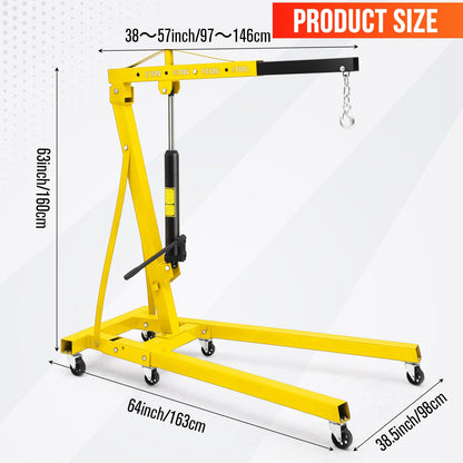 4400 Lbs Folding Hydraulic Engine Hoist, 2 Ton Portable Cherry Picker with 6 Wheels & Telescopic Boom, Foldable Engine Shop Crane Lift for Home Garage, Workshop, Warehouse, Yellow, Heavy-Duty