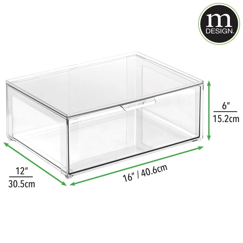 mDesign Plastic Stackable Closet Storage Organizer Bin Containers with Front Pull Drawer for Cabinet, Desk, Shelf, Cupboard, or Dresser Organization - Lumiere Collection - Set of 3 - Clear
