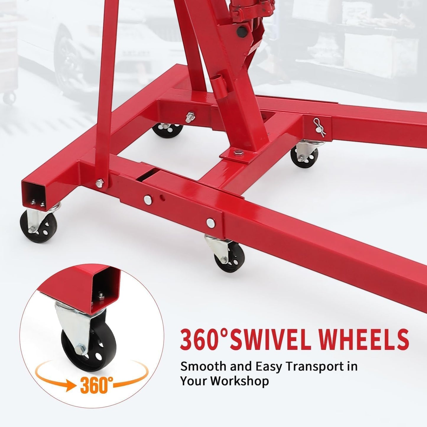 ActiveTrail 2 Ton Folding Hydraulic Engine Hoist, Load Leveler, 4400 LBS Capacity, Heavy Duty Cherry Picker, 6 Swivel Wheels, Hydraulic Pump Adjustable Boom (0.5t-2t) for Garage Workshop Warehouse