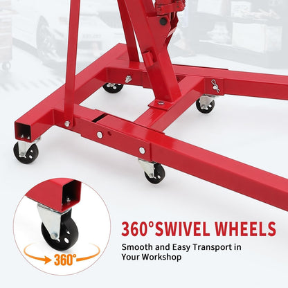 ActiveTrail 2 Ton Folding Hydraulic Engine Hoist, Load Leveler, 4400 LBS Capacity, Heavy Duty Cherry Picker, 6 Swivel Wheels, Hydraulic Pump Adjustable Boom (0.5t-2t) for Garage Workshop Warehouse