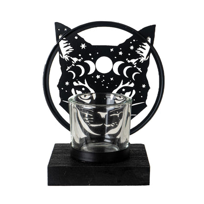 Pacific Giftware Celestial Cat Tea Light Holder by Alchemy England Mystical Silhouette with Moon Phases and Stars Perfect for Gothic or Halloween Home Decor 6" Tall