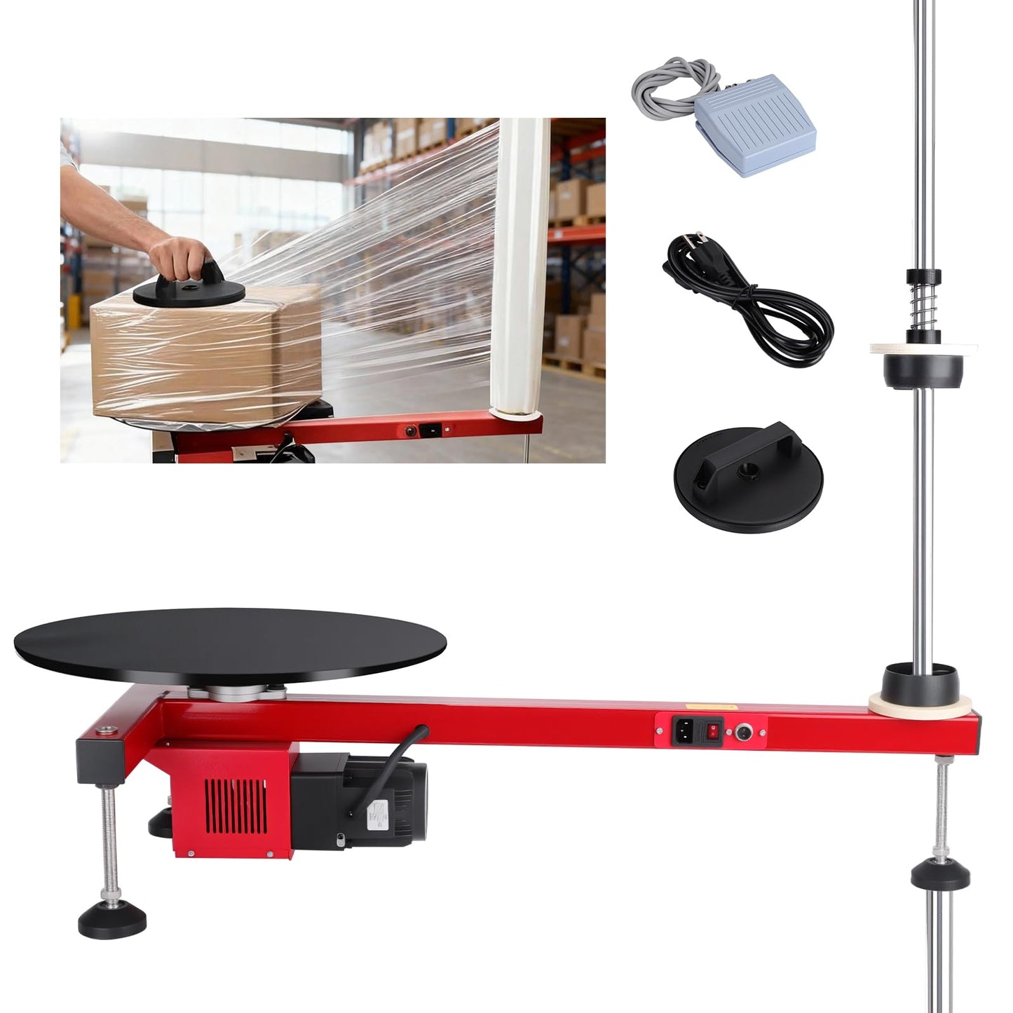 CHENNTAI Electric Stretch Film Wrapping Bench, with 15.75 in Turntable and Foot Pedal Dispenser Wrapping Machine Film Width Within 29.52 in for Product Packaging