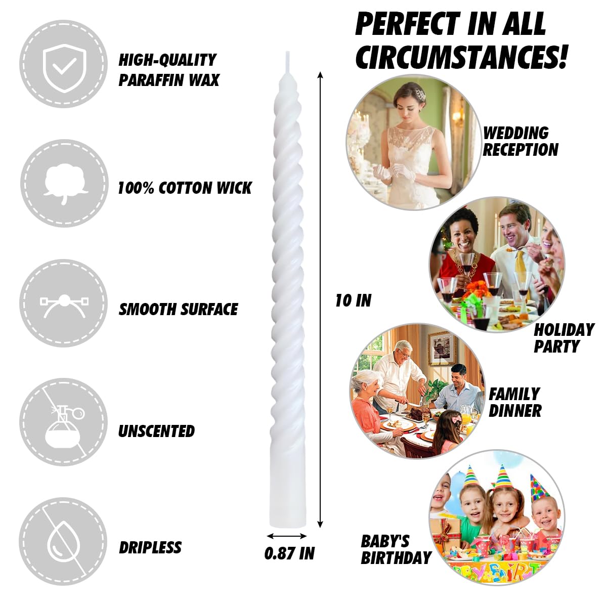 6 Pack 10 Inch White Spiral Taper Candles for Home Decor and Religious Ceremonies, Unscented Dripless Twisted Candlesticks for Weddings Dinner Holiday Decoration Formal Events