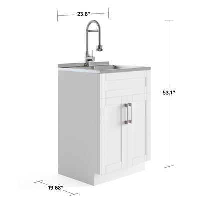 SIMPLIHOME Hennessy All-in-One 24 inch Wide Utility Sink and Laundry Cabinet in Pure White Finish, Transitional Stainless Steel Sink Cabinet for Laundry Rooms with High-Arch Chrome Faucet and Storage