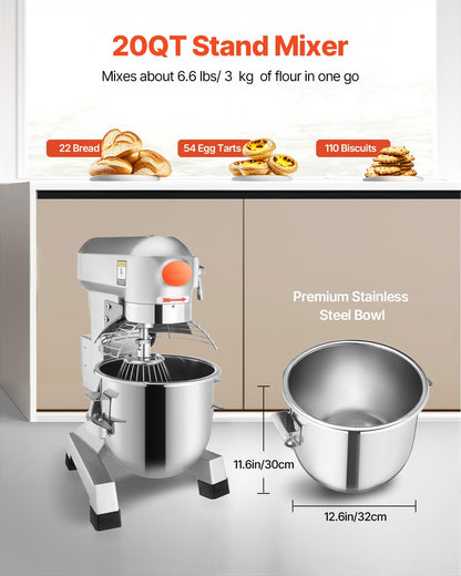 Happybuy 20Qt Commercial Food Mixer with Timing Function， Commercial Mixer 1100W Stainless Steel Bowl Heavy Duty Electric Food Mixer Commercial with 3 Speeds Adjustable, Perfect for Bakery Pizzeria