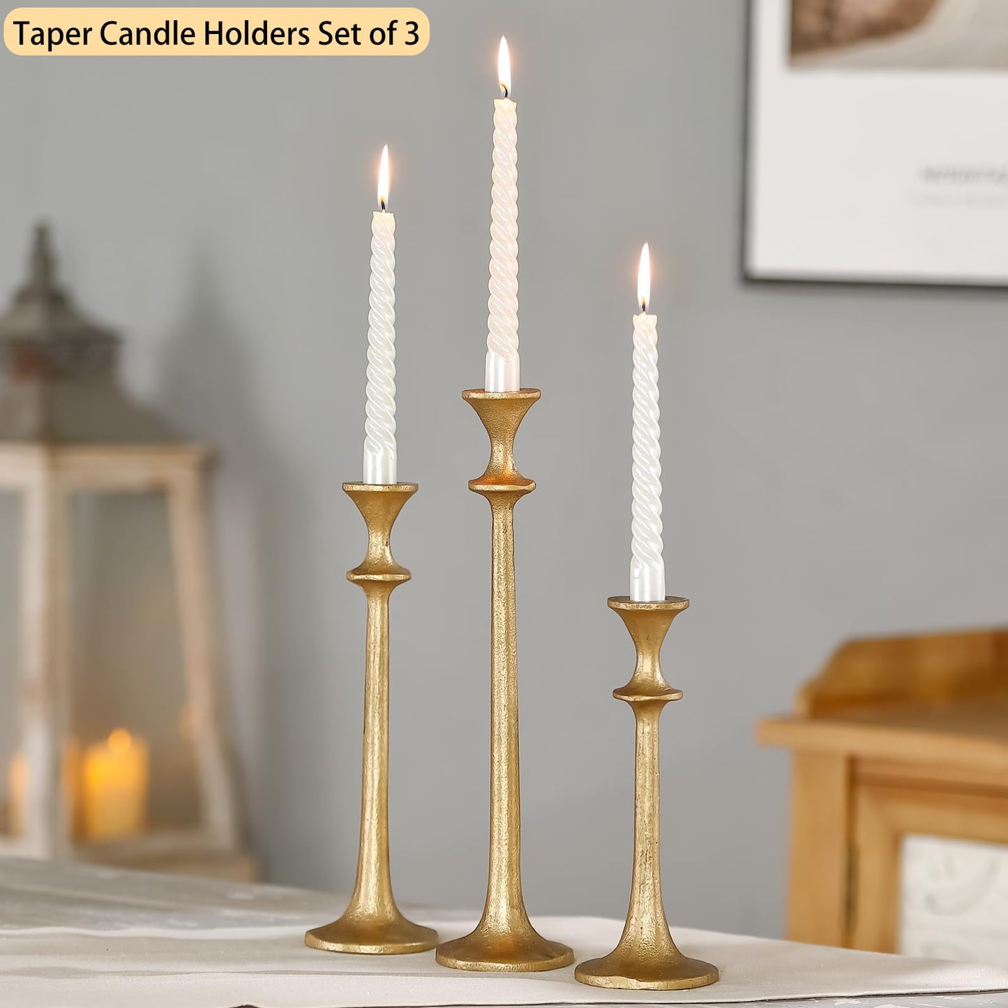 Wenbery Gold Taper Candle Holders Set of 3, Heavy Candlestick Holders Decorative Candle Stand for Table Centerpiece, Cast Iron Candle Stick Holder Decor
