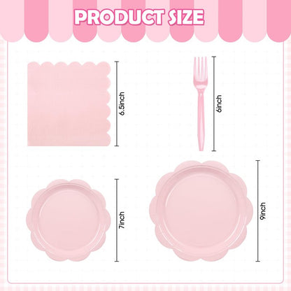 Houuqe 96 Pcs Pink Paper Plates and Napkins Set Party Supplies, Tableware set for 24 Guest include Disposable Pink Scalloped Plates, Napkins and Forks for Baby Shower Bridal Shower Wedding Birthday