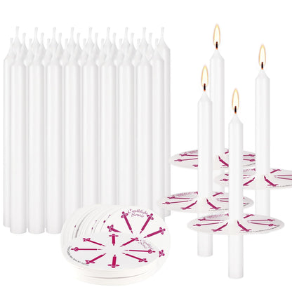 100pcs Church Chime Taper Candle for Altar Meditation Supplies Rituals,Religion,Shabbat,4 Inch Tall Unscented and Smokeless with Drip Protectors (White)
