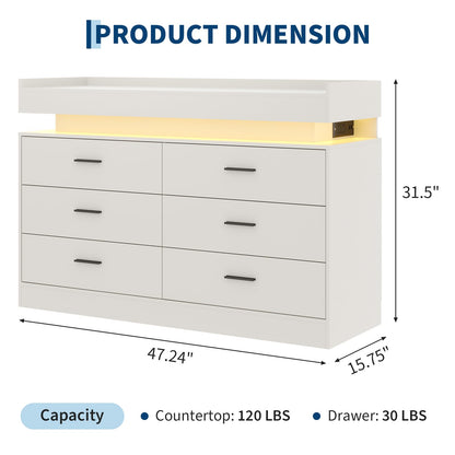 TV Stand Cabinet with LED Lights & Charging Station, Coffee Bar Cabinet Floating Countertop, Modern Sideboard Buffet 6 Drawers for Home, Living Room, White